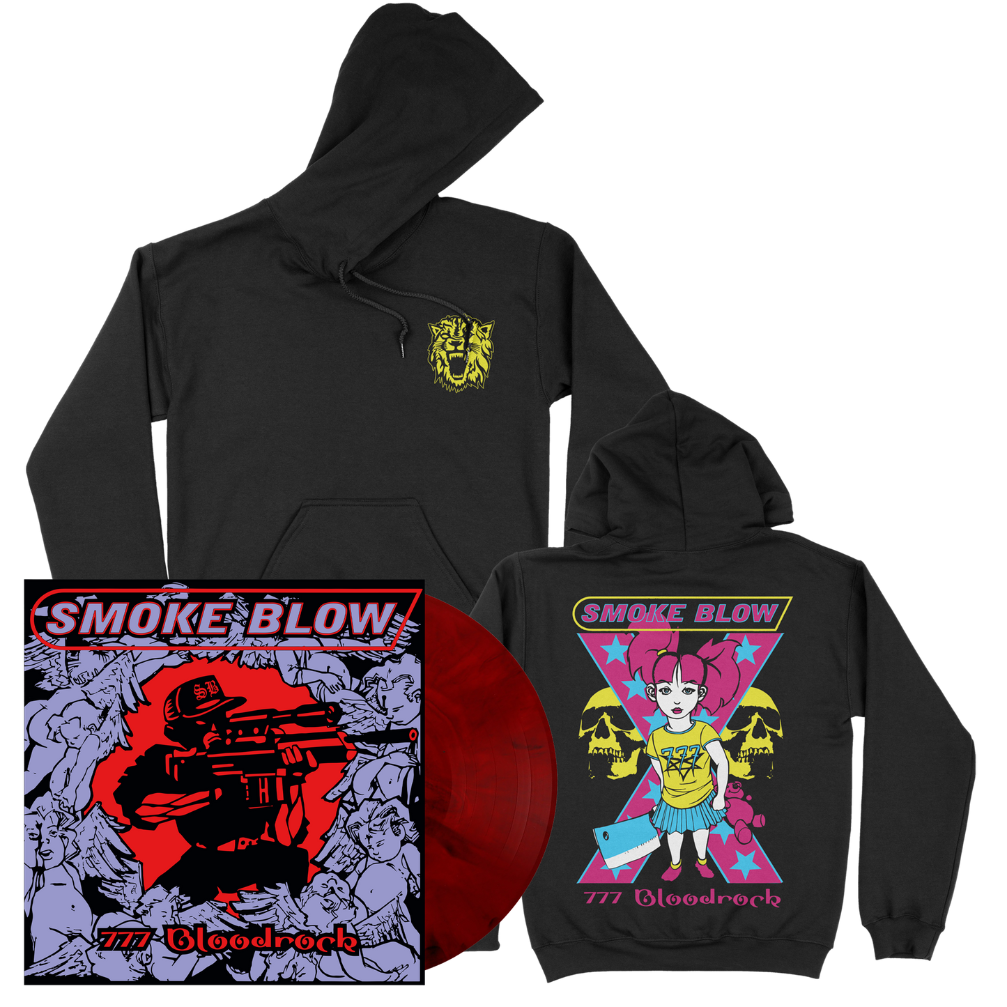 Smoke Blow (777 Bloodrock) 140g Red & Black Marbled Vinyl + Hoodie-Bundle